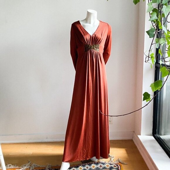 Vintage Copper Brown Slinky Polyester Beaded Empire Waist Elegant Maxi Dress - Picture 4 of 5